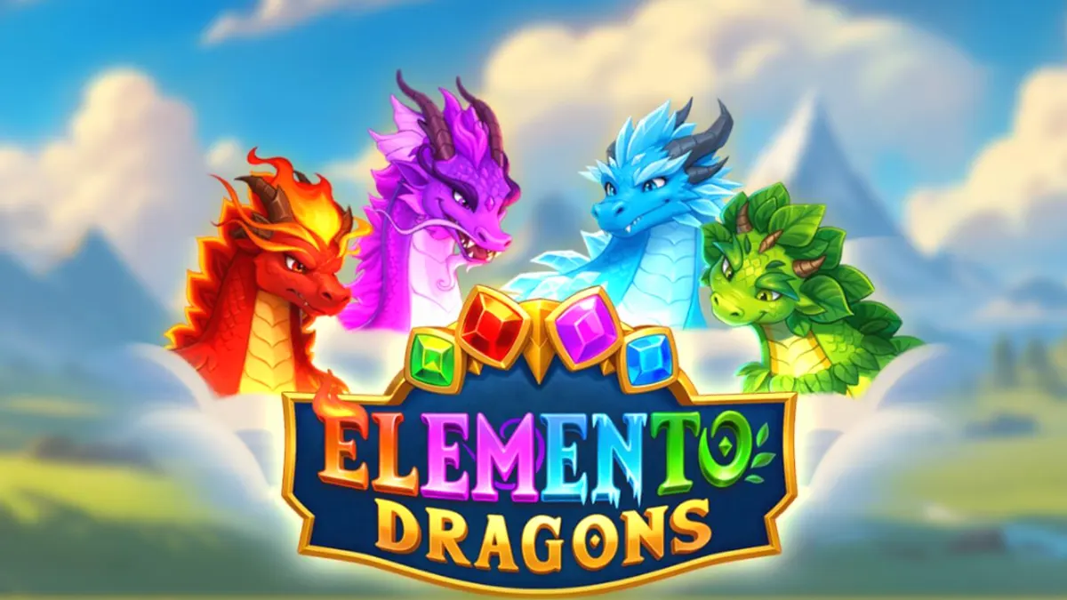 Elemento Dragons سلاٹ گیم کا ایک منظر جس میں ڈریگن اور عناصر دکھائے گئے ہیں