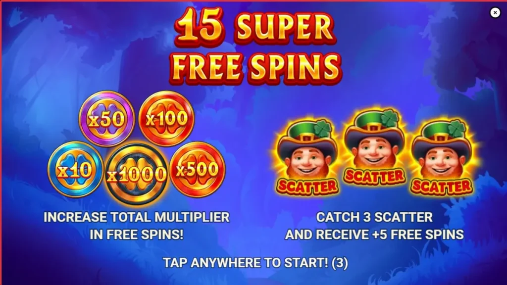 Lucky Penny Power Scatter slot machine interface featuring a leprechaun in an enchanted forest